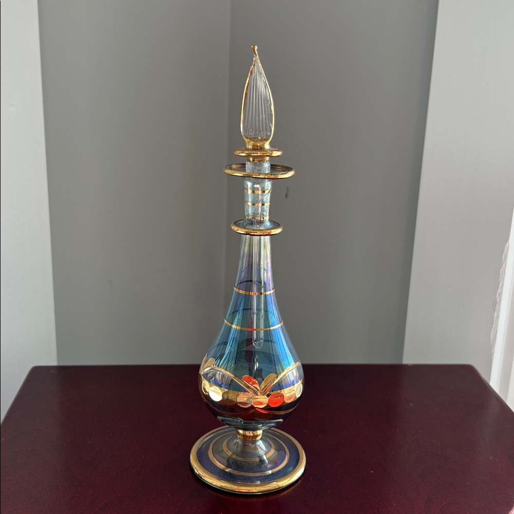 Vintage perfume bottle Antique bottle with stopper Gold hand painted Egyptian